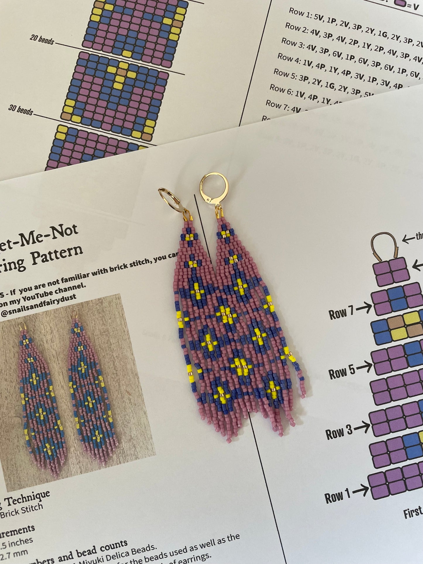 Forget-Me-Not Brick Stitch Fringe Earring Pattern - Digital Download