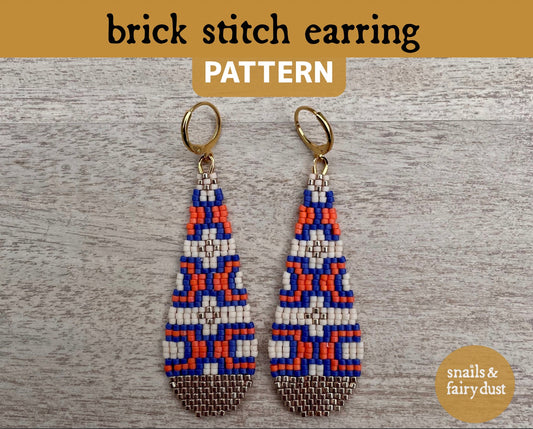 brick stitch beaded earring in orange, gold and blue