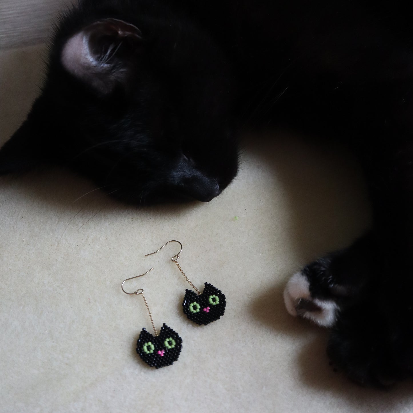 photo of a black cat next to beaded black cat earrings