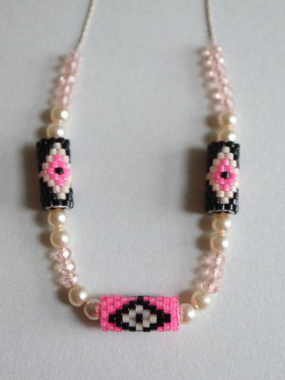 Pink and Black Peyote stitch seed bead tube bead