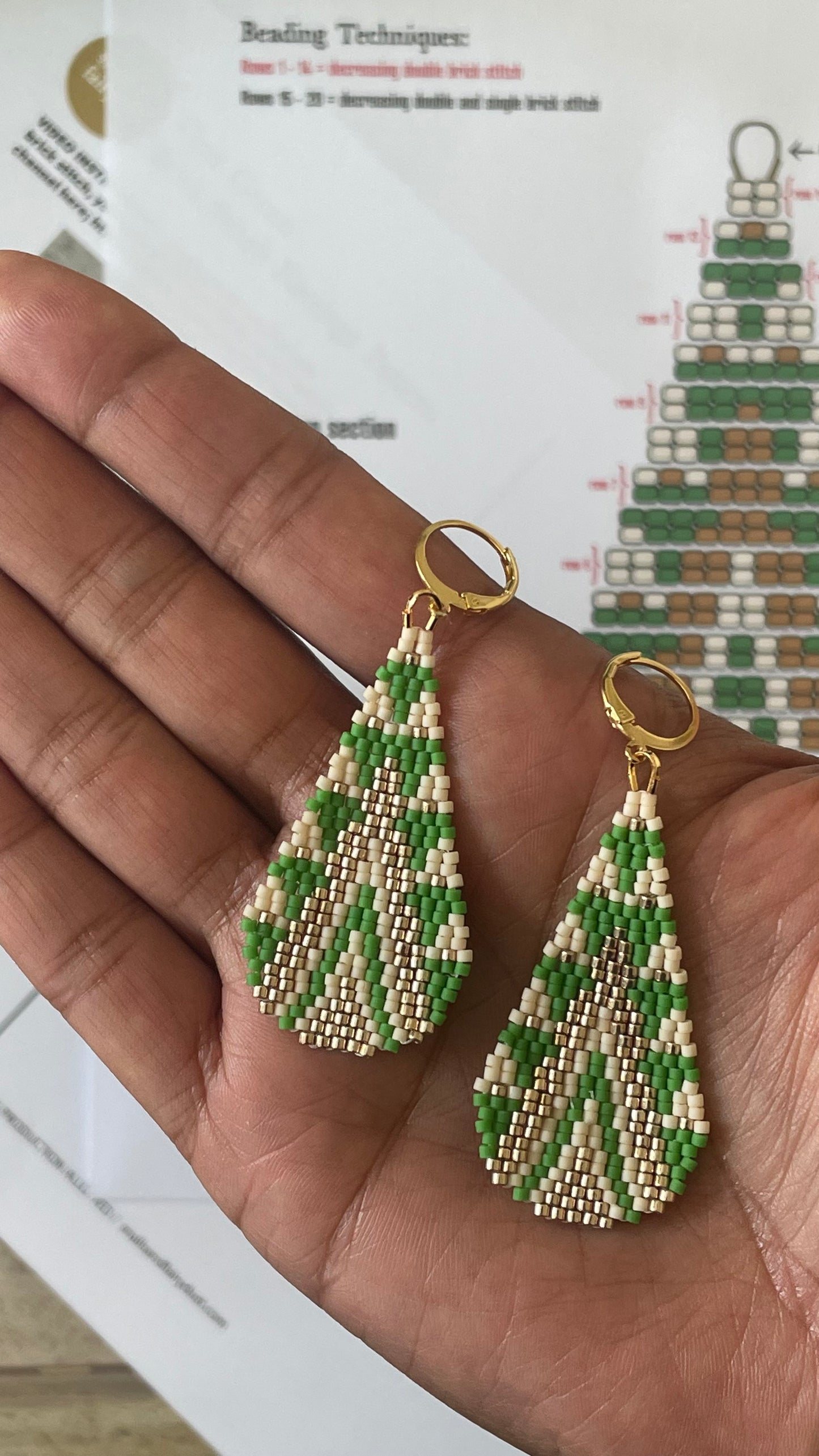 First Green Brick Stitch Earring Pattern - Digital Download