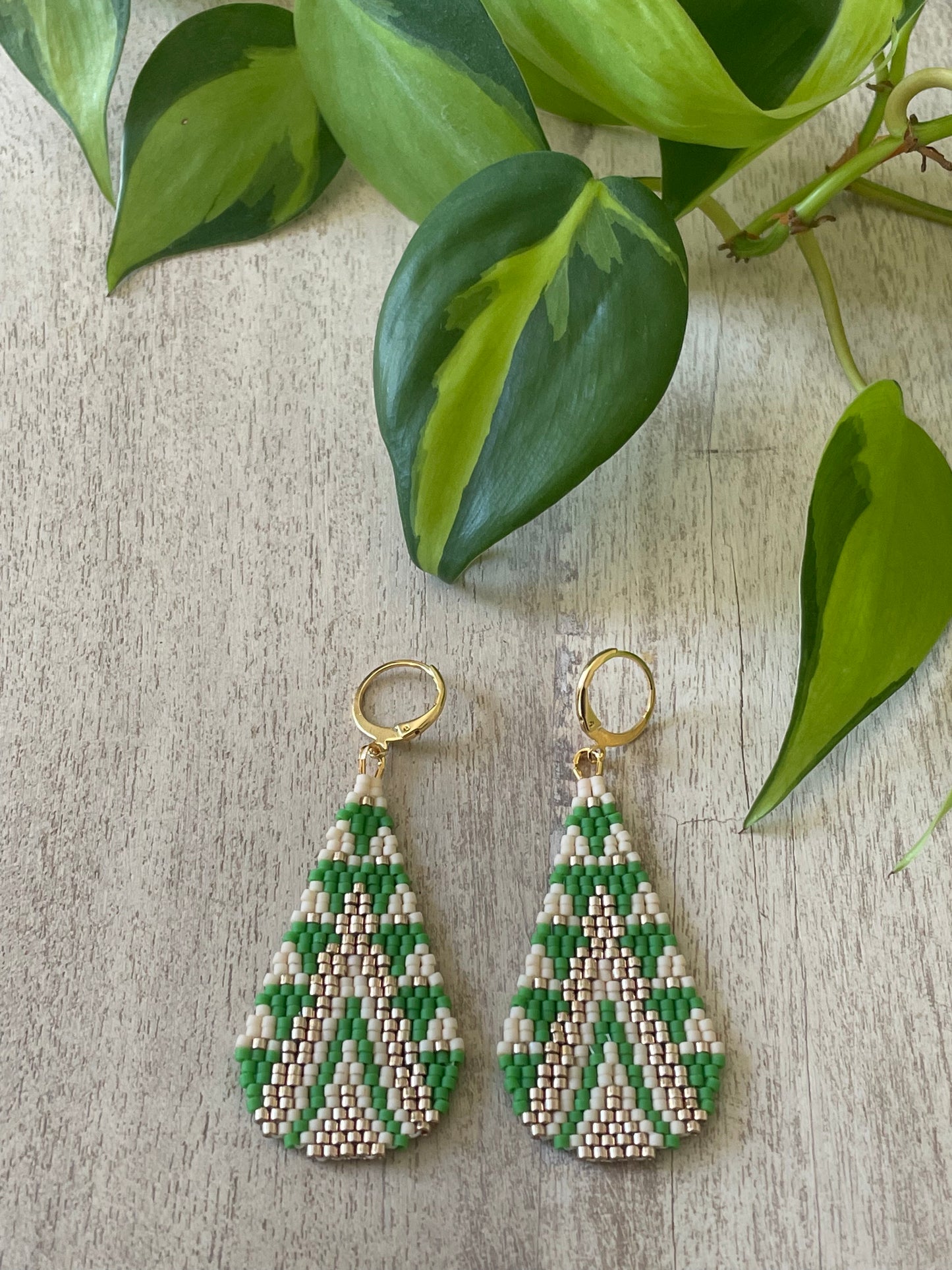 First Green Brick Stitch Earring Pattern - Digital Download