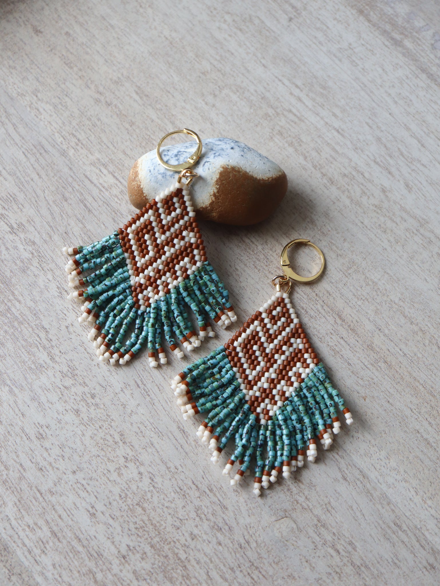 Turquoise and brown beaded fringe earrings