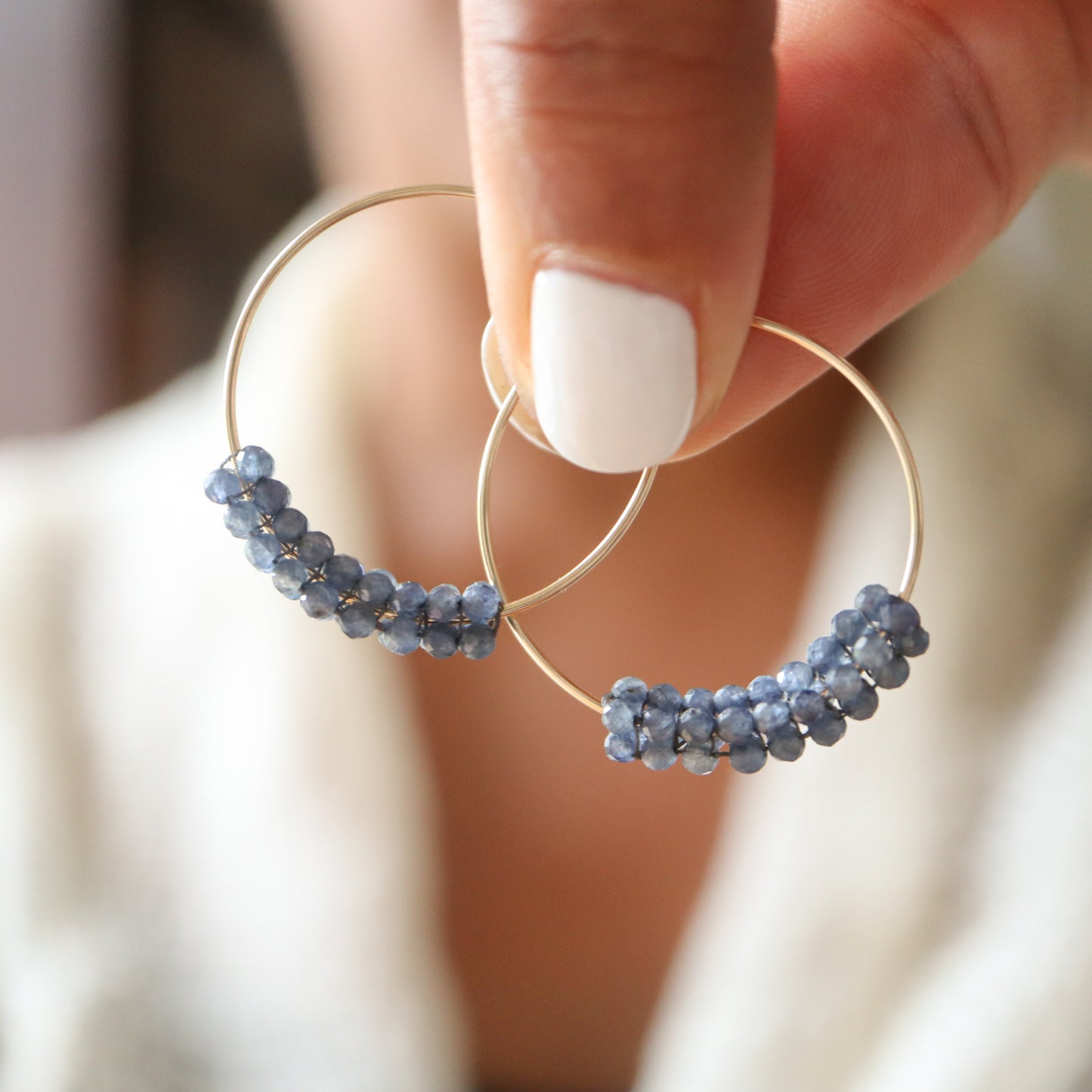 Faceted Blue Sapphire Hoop Earrings