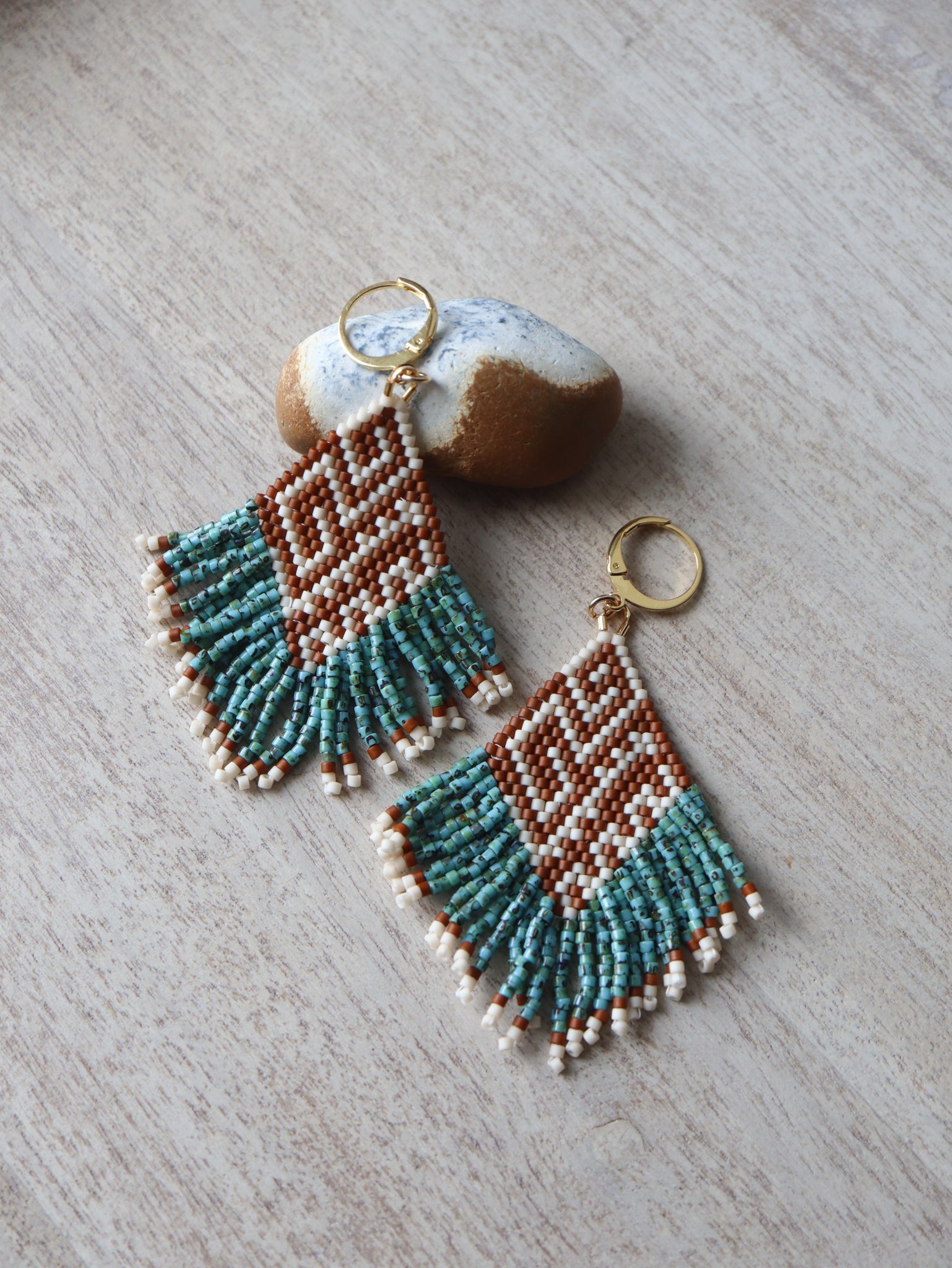 Turquoise and brown beaded fringe earrings 