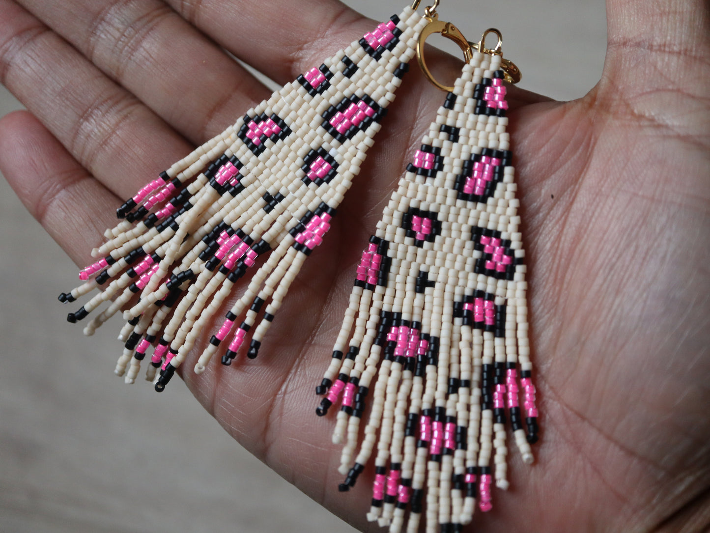 Pink Wild Cat Leopard Print Fringe Earrings Beading Pattern - Digital Download