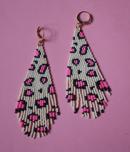 Pink Wild Cat Leopard Print Fringe Earrings Beading Pattern - Digital Download
